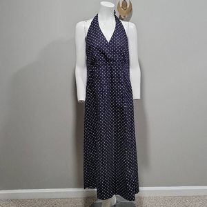 Lands End Midi Sun Dress Women Size 14 Blue White Polka Dot Halter Surplice Sexy